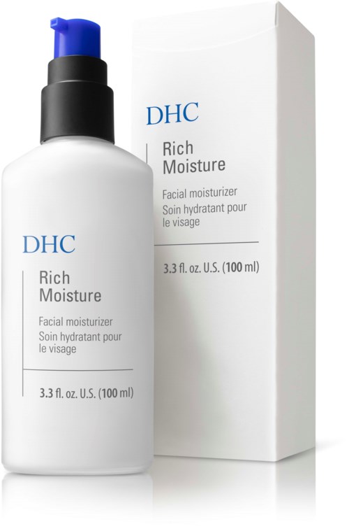A white bottle of DHC Rich Moisture facial moisturizer with a blue pump and its white box packaging.