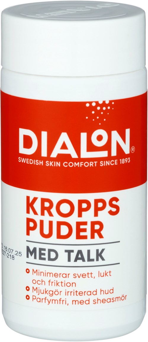 A white container with red label shows Dialon body powder for skin comfort, with benefits like reducing sweat, irritation, and odor.