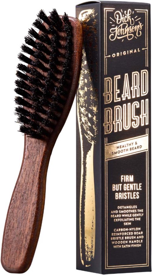Houten handvat baardborstel met zwarte borstelharen naast een zwart doosje met tekst 'D&R Johnson Original Beard Brush'.