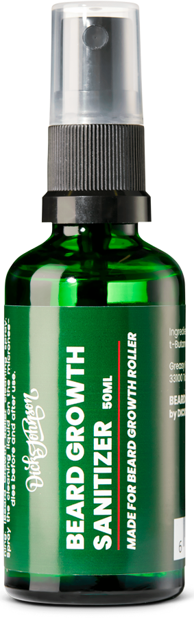 Green spray bottle with white text, labeled as beard growth sanitizer for beard care, 50ml volume.