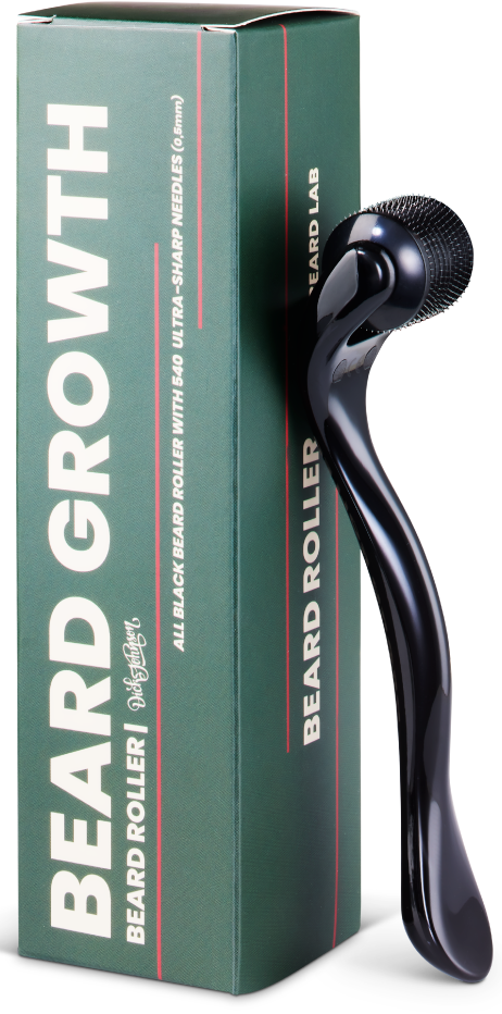 A black beard roller with a curved handle next to its green box that has white and pink text.