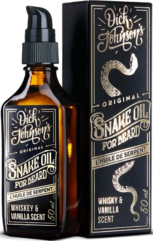 A small brown bottle with a black pump and a black box, both with snake and text labels for beard oil.