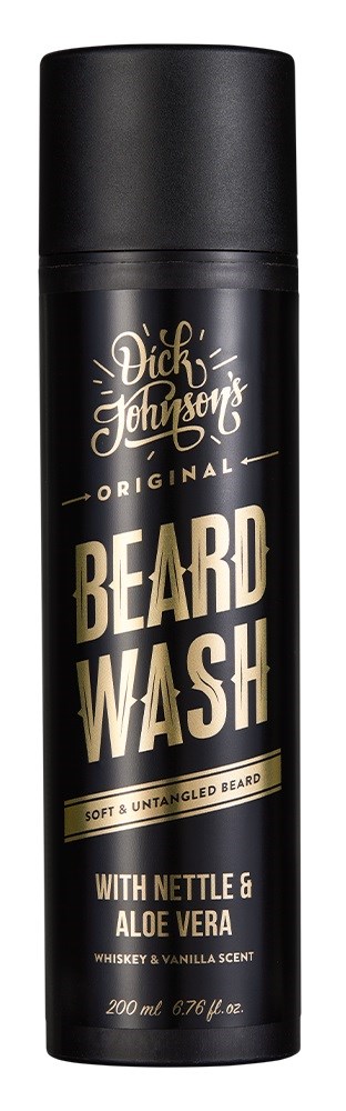 A black can of beard wash with gold and white text, featuring ingredients like nettle and aloe vera.