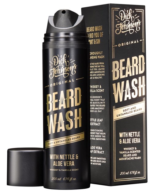 A black bottle and box for beard wash with gold and white text, showing ingredients and brand name.