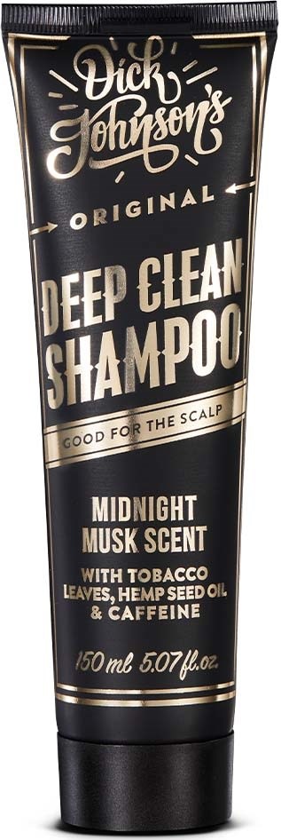 A black tube of shampoo with white and gold text, labeled as Deep Clean Shampoo with musk scent.