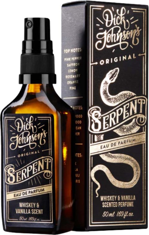 Dunkelbraune Flasche mit schwarzem Sprühkopf, etiketti mit 'Dick Johnson's Serpent' Parfüm und Schlangenbild.
