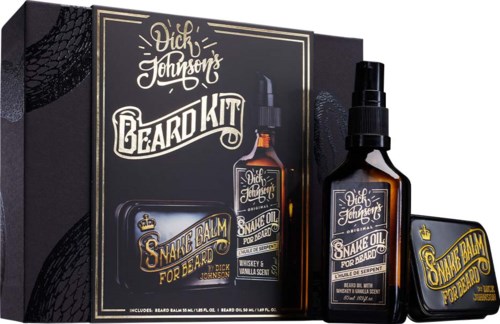 A beard care kit with oil, balm, and spray in black bottles and a box, labeled for beard grooming.
