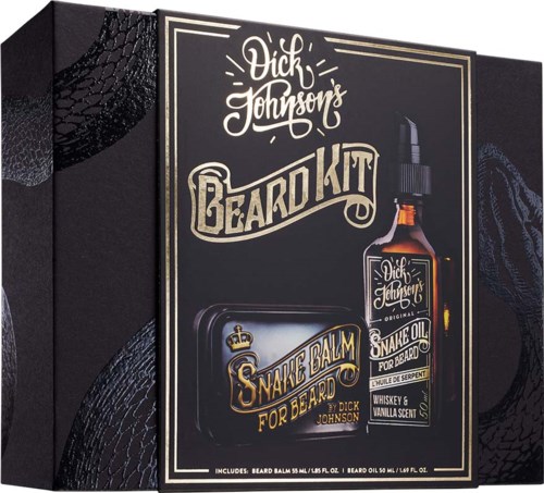 A grooming set includes beard balm and beard oil with black packaging and stylish labels.