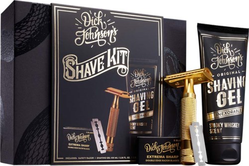 A shaving kit with a razor, gel, and box, all branded "Dick Johnson" in stylish black and gold.