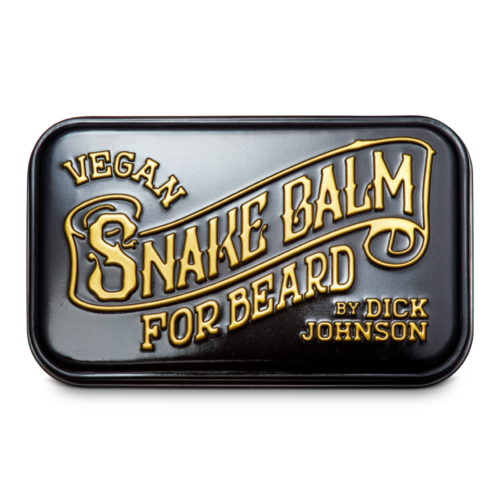 A small black tin with gold text, showing it is vegan snake balm for beards by Dick Johnson.