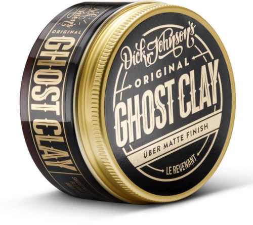 Logo of a grooming product called Ghost Clay with gold and black colors and bold text.