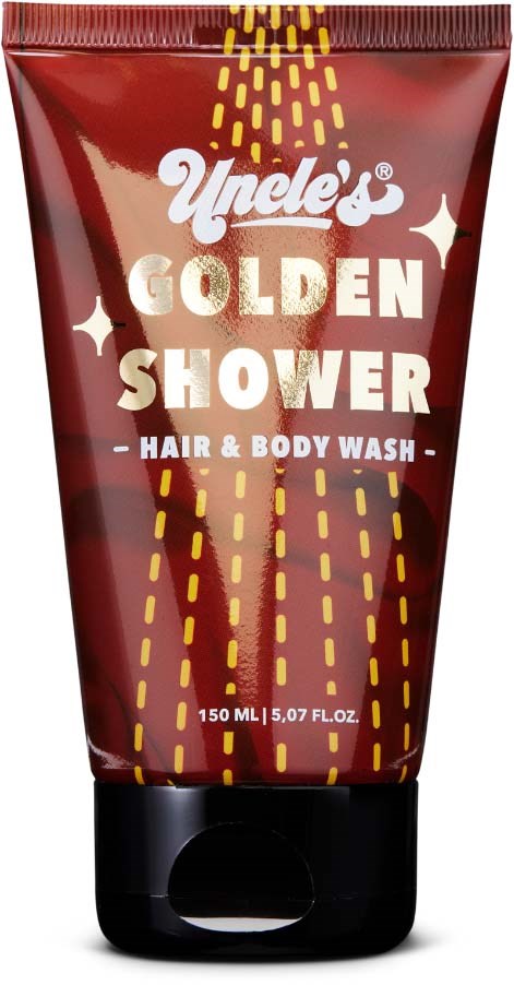 A red tube of Uncle's Golden Shower hair and body wash with yellow dashed lines and white text.