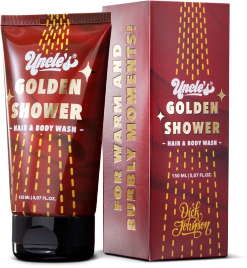 A red tube of Uncle's Golden Shower hair and body wash next to its matching box with yellow streaks and text.
