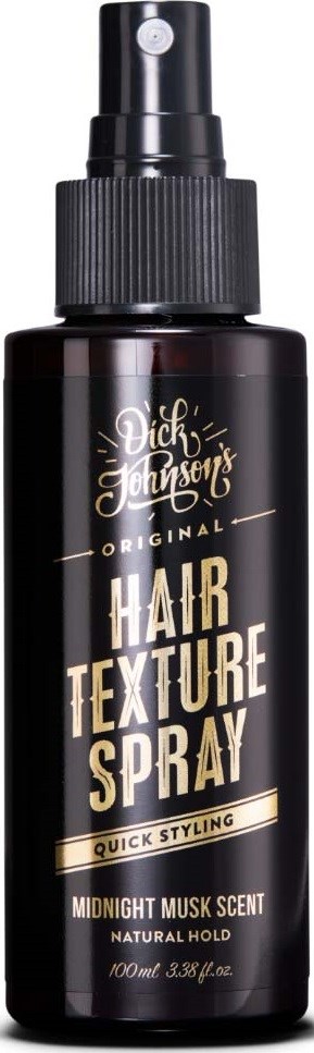Musta hiusurostepullo, nimeltä Dick Johnson Hair Texture Spray, muskuntuoksu, 100 ml.