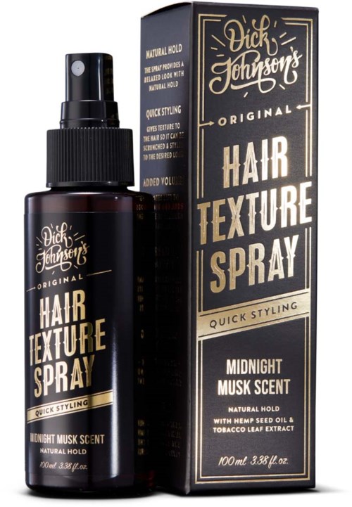 Musta spraypullo, siinä etiketti 'Dick Johnson's Original Hair Texture Spray' ja vastaava pakkaus tuottein tiedoin.