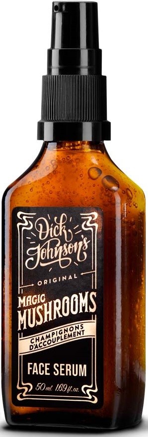 Amber spray bottle labeled 'Dick Johnson's Magic Mushrooms Face Serum' with black pump.