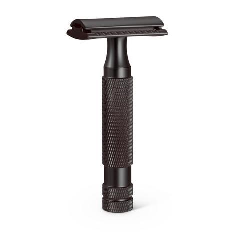A black safety razor with a textured handle and a straight razor head. It is designed for shaving.