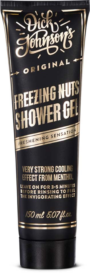 A black tube labeled 'Dick Johnson's Original Freezing Nuts Shower Gel', with details about its scent and effects.