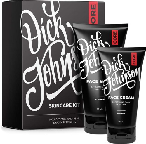 A skincare kit with a black box and two black tubes of face cream for men, labeled 'Dick Johnson'.