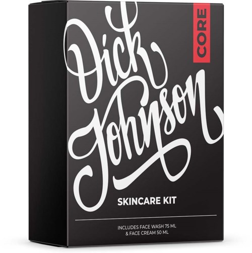 A black box labeled 'Dick Johnson Core Skincare Kit' with white and red text.