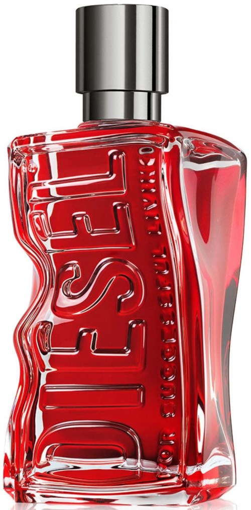 A red perfume bottle with the word Diesel embossed, and a silver cap on top.