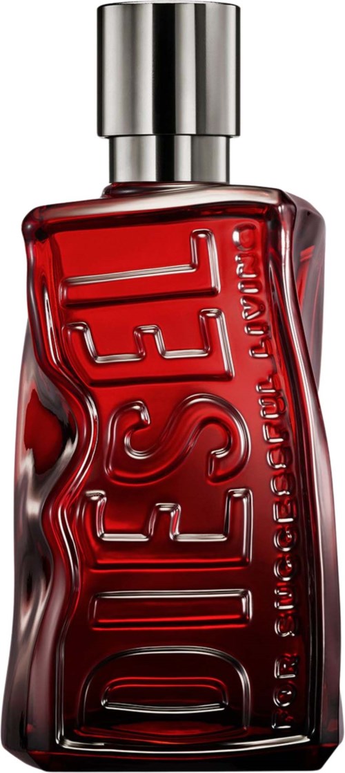 A glass bottle with a shiny silver cap, filled with red-colored perfume, and the brand name Diesel embossed on it.