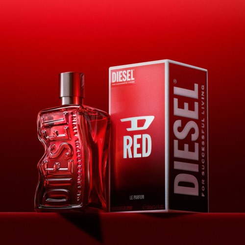 Red Diesel perfume bottle and box with bold white and silver text on a red background.
