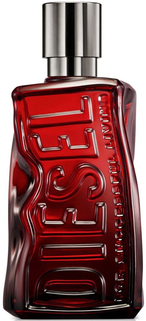 A red perfume bottle with a silver cap, embossed with large letters spelling DESIE. Elegant and sleek design.