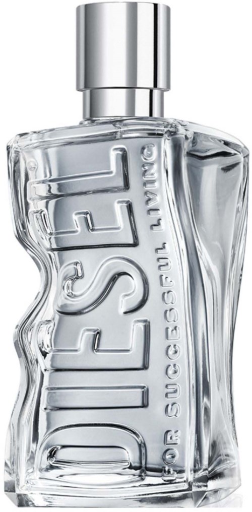 A clear glass perfume bottle with the word DESIRE embossed on it and a silver cap.