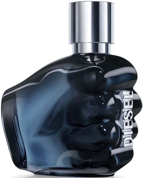 A black and silver perfume bottle with a unique hand-shaped design and a silver cap.