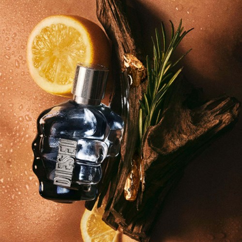 A diesel perfume bottle with lemon slices, green pine branch, and dark wood pieces.