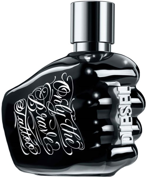 A black perfume bottle shaped like a fist with white decorative text and a silver cap.