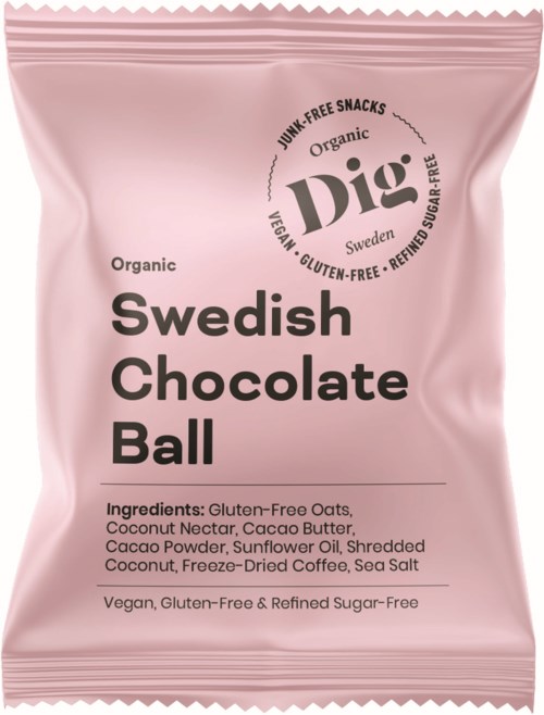 Pink package labeled Swedish Chocolate Ball, contains vegan, gluten-free snack with ingredients like oats, coconut, and cacao.