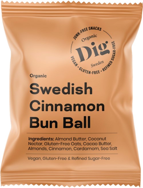 A caramel-colored snack bag labeled 'Swedish Cinnamon Bun Ball' with ingredients and health notes.