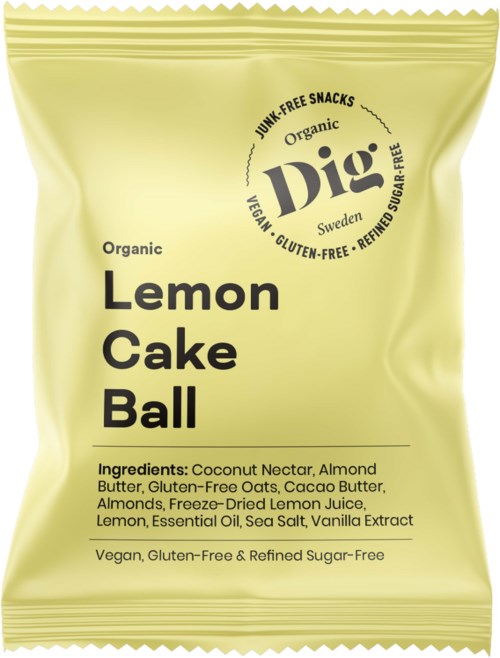 A green packet labeled Lemon Cake Ball with ingredients like coconut, almonds, lemon juice, and vanilla extract.
