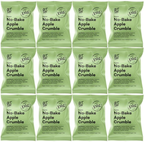Green packets of No-Bake Apple Crumble with ingredients listed. Twelve packs arranged in four rows and three columns.