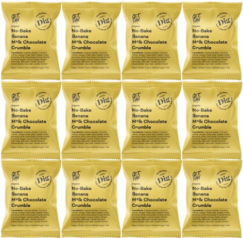 A grid of 12 yellow snack packets labeled "No-Bake Banana M*lk Chocolate Crumble."