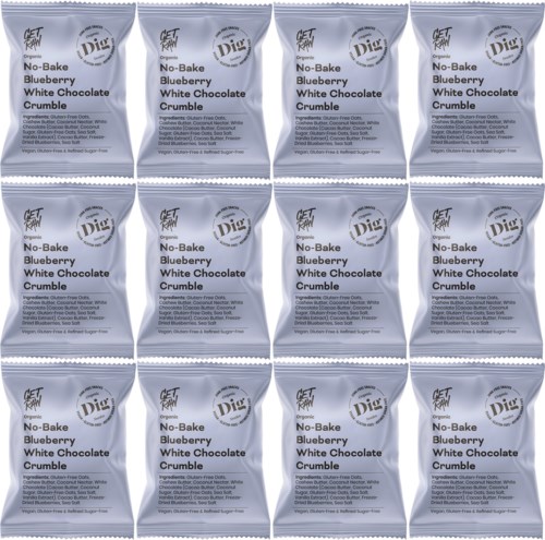 Small packs of no-bake blueberry white chocolate crumble dessert, arranged in multiple rows. Simple white and blue packaging.