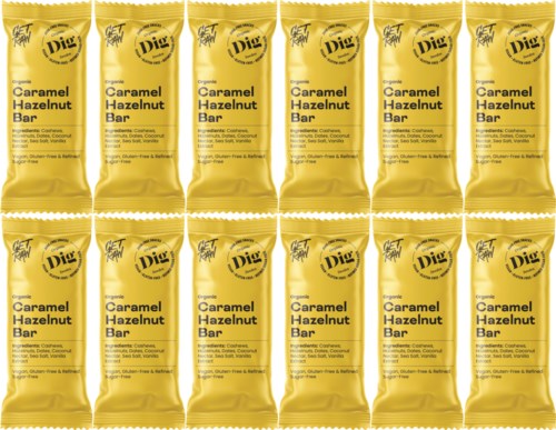 A row of yellow caramel hazelnut snack bars in individual wrappers with text and logo.