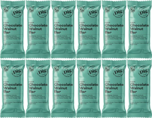 Two rows of chocolate walnut bars in green packaging, each with text and logo. The bars are aligned side by side.