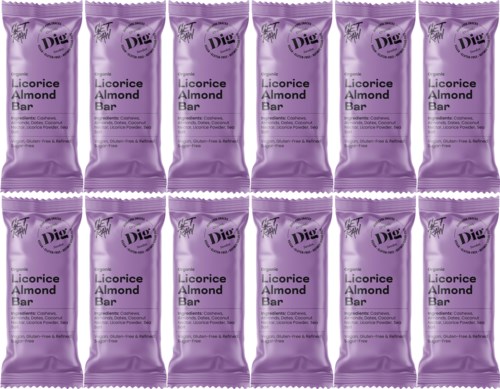 Multiple purple almond-flavored candy bars arranged in two rows. Each bar is wrapped with the label 'Licorice Almond Bar' inside a circle.