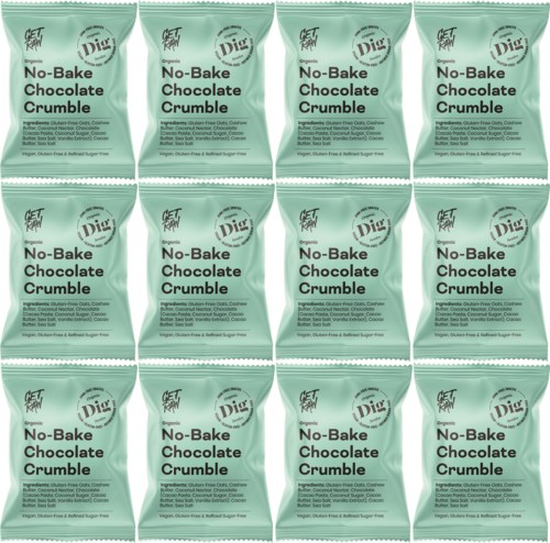 15 small green packets labeled 'No-Bake Chocolate Crumble' are arranged in three rows.