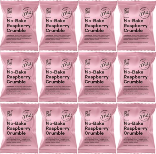A grid of twelve pink packets labeled "No-Bake Raspberry Crumble" with ingredients listed.