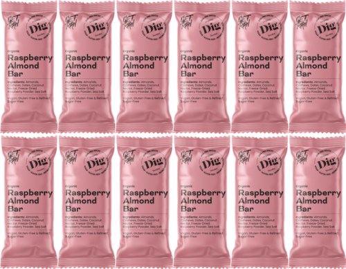 Sixteen raspberry almond snack bars in pink packaging are arranged in two rows.