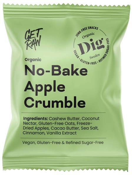 Green packaging for organic no-bake apple crumble snack. Contains ingredients like cashew butter and coconut nectar.