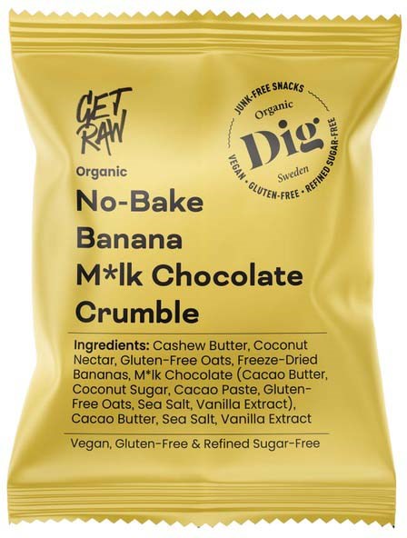 Organic No-Bake Banana Milk Chocolate Crumble snack package with ingredients listed.