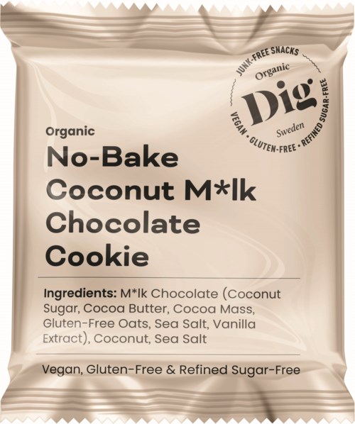 A beige package of organic coconut milk chocolate cookie, vegan, gluten-free, with ingredients like coconut and cocoa.