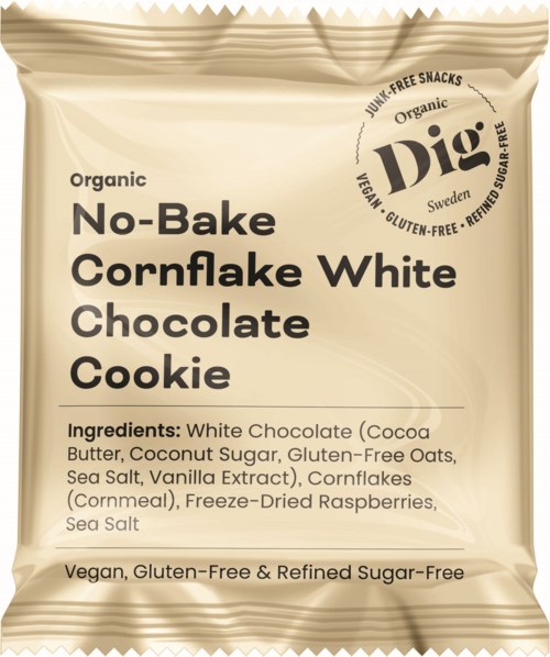 A beige snack package labeled 'No-Bake Cornflake White Chocolate Cookie' with ingredients and brand details.