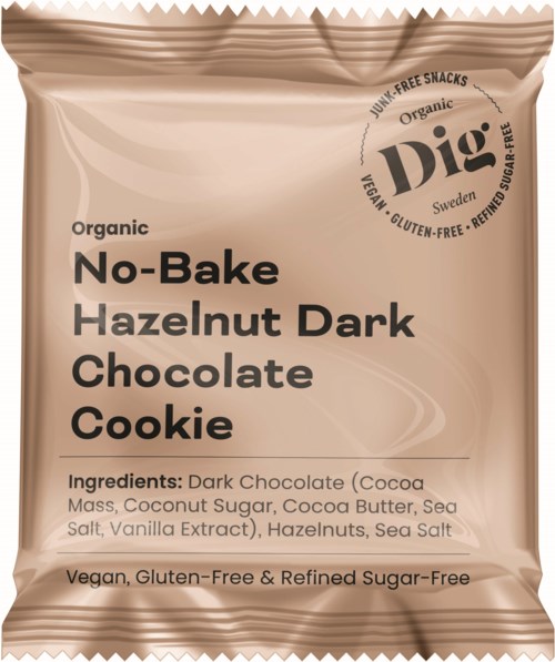 A beige package with text about organic, no-bake hazelnut dark chocolate cookies, ingredients listed, and gluten-free, vegan claims.