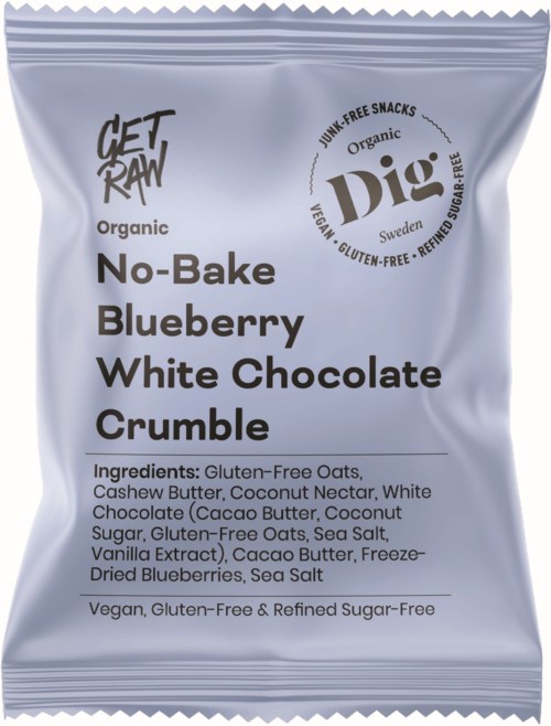 Organic snack packet with blueberries, white chocolate, oats, and coconut ingredients, labeled as no-bake and gluten-free.